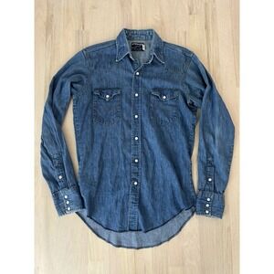 WRANGLER Vintage Blue Denim Pearl Snap Shirt Western Cowboy Sz 15 Small Medium
